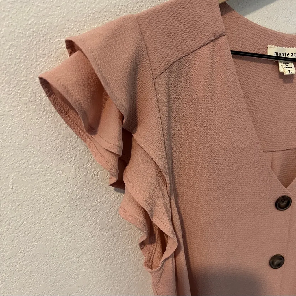 Monteau Pink Crepe Chiffon Button Front V-Neck Flutter Cap Sleeve Midi Dress‎ L - Image 2