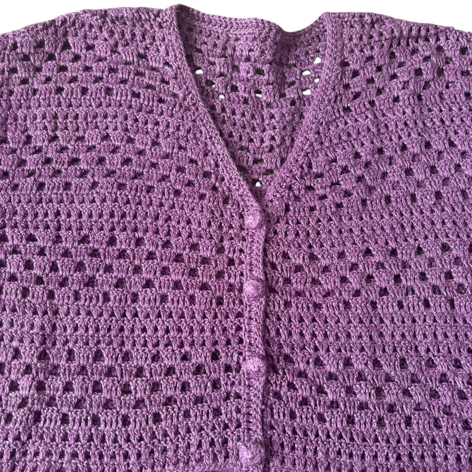 VTG Crochet Purple Cardigan Small Cropped Cottagecore Cross Stitch Floral Granny - Image 5