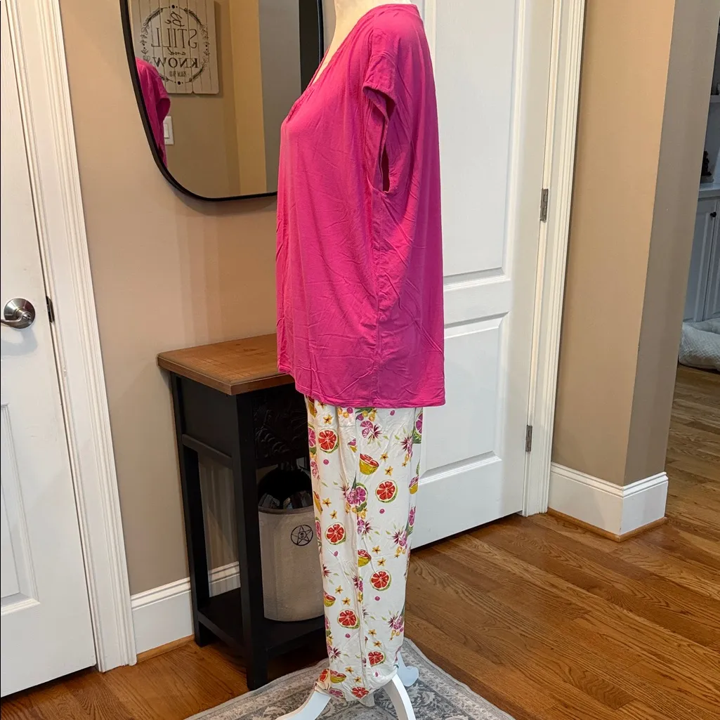 Soma Cool Nights Hot Pink Pajama Set V-Neck Top & Citrus Print Pants Size L - Image 5