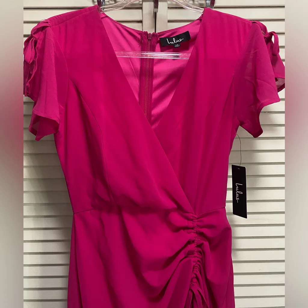 NWT Lulus Chiffon Hot Pink Dress‎ High low Ruffle Maxi Size XS Lined - Image 3