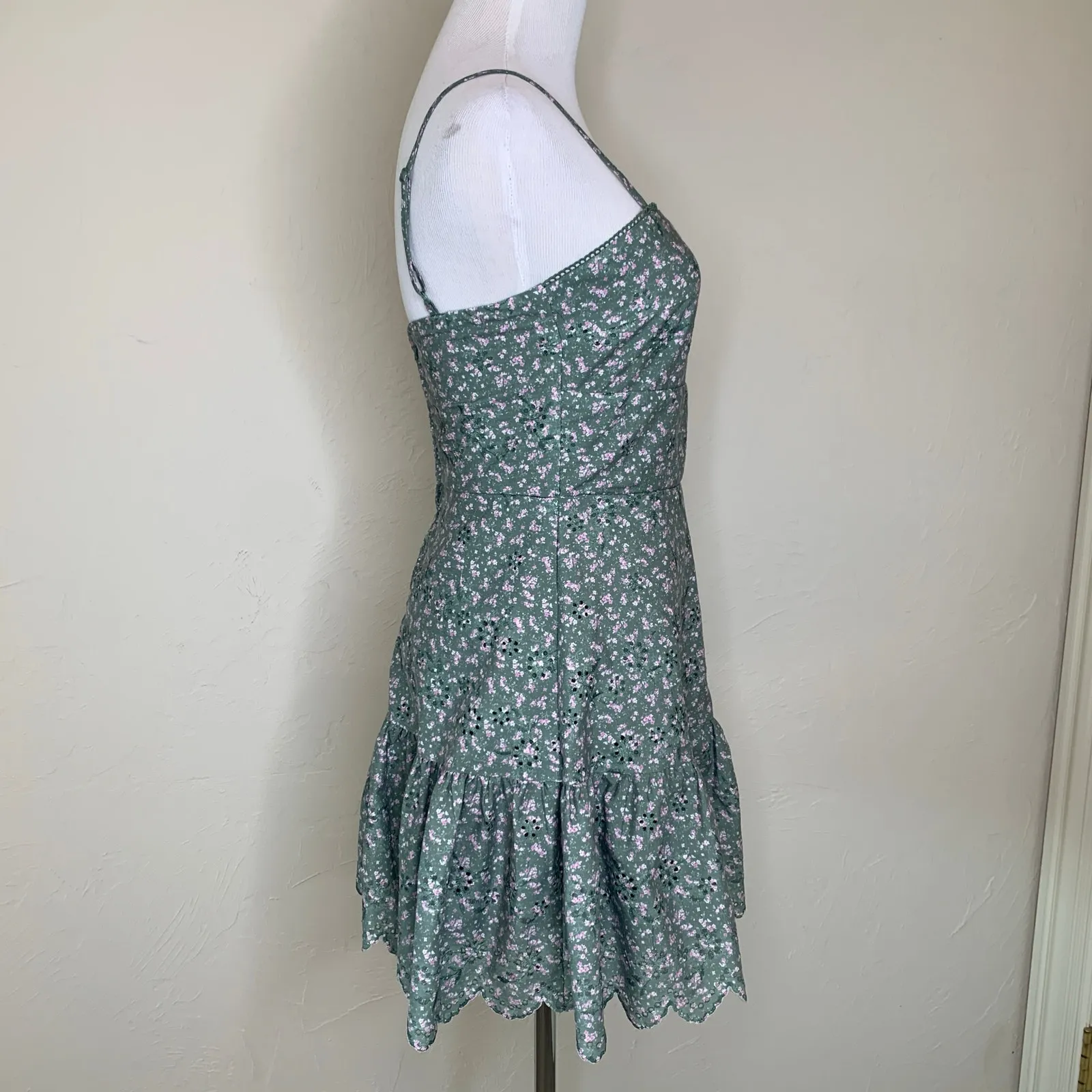 Altar'd State Sage Green Floral A Line Dress Ruffle Sz XS - Image 4
