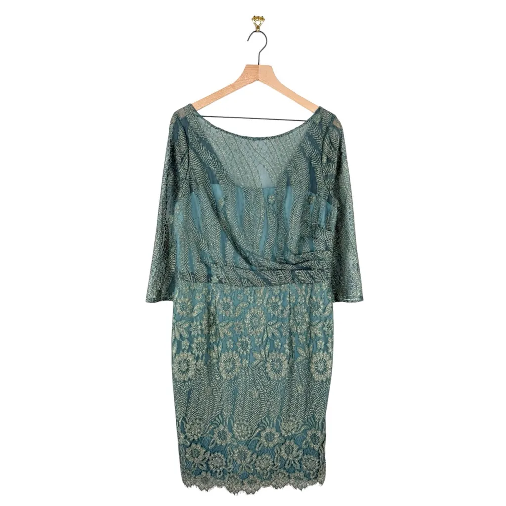 NEW JS Collections Illusion Lace Cocktail Dress Sage Gold Sz 14 Floral Metallic - Image 3