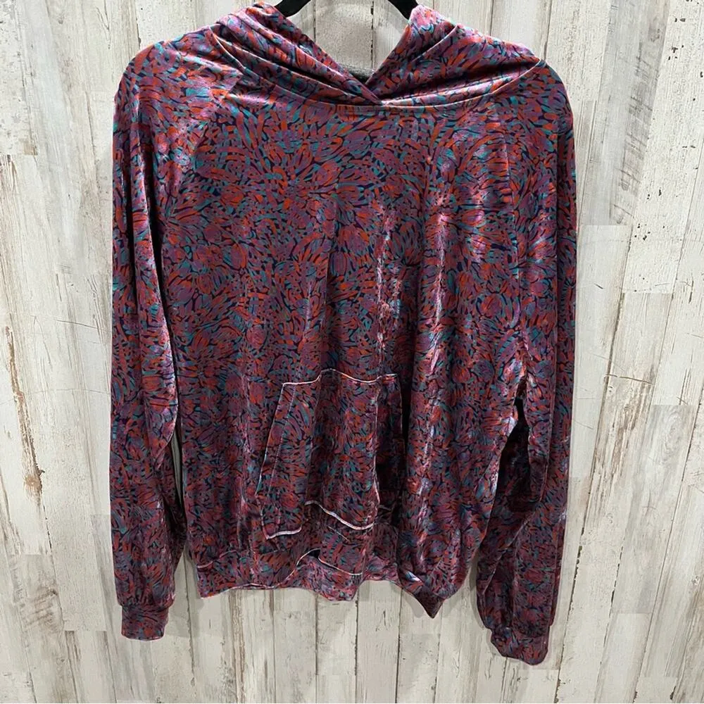 Lili Sidonio Pink Print Velvet Velour Urban Hoodie Kangaroo Pocket Purple Size M - Image 2