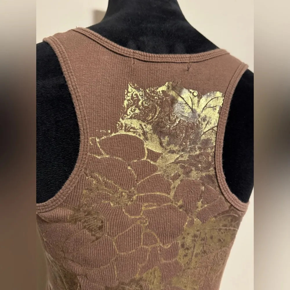 Preloved Bisou Bisou Brown and Gold Floral Design Tank Top size small - Image 11