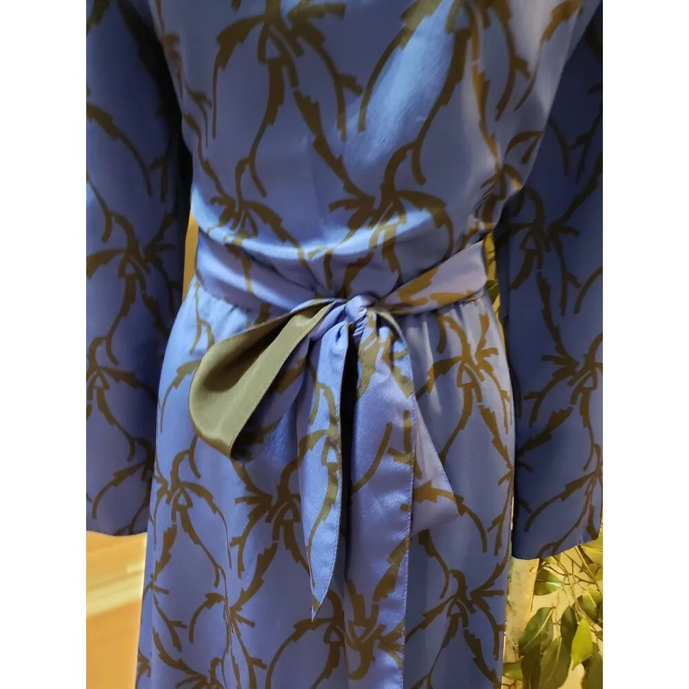 Vintage Caron Chicago Sheath Dress S Blue Patterned Cowl Neck Tie Waist Back Zip - Image 8