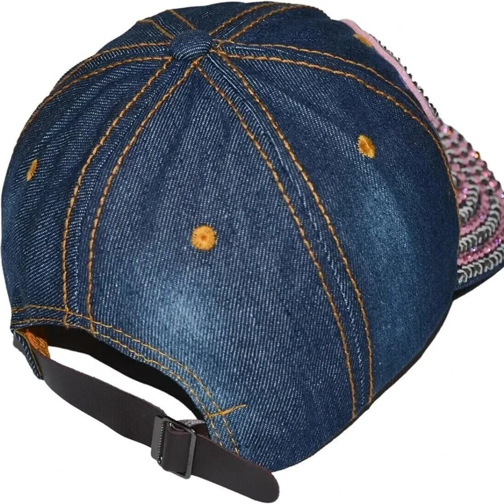 Bling Rhinestone PINK RIBBON Breast Cancer Awareness Blue Denim Baseball Cap NEW - Image 3