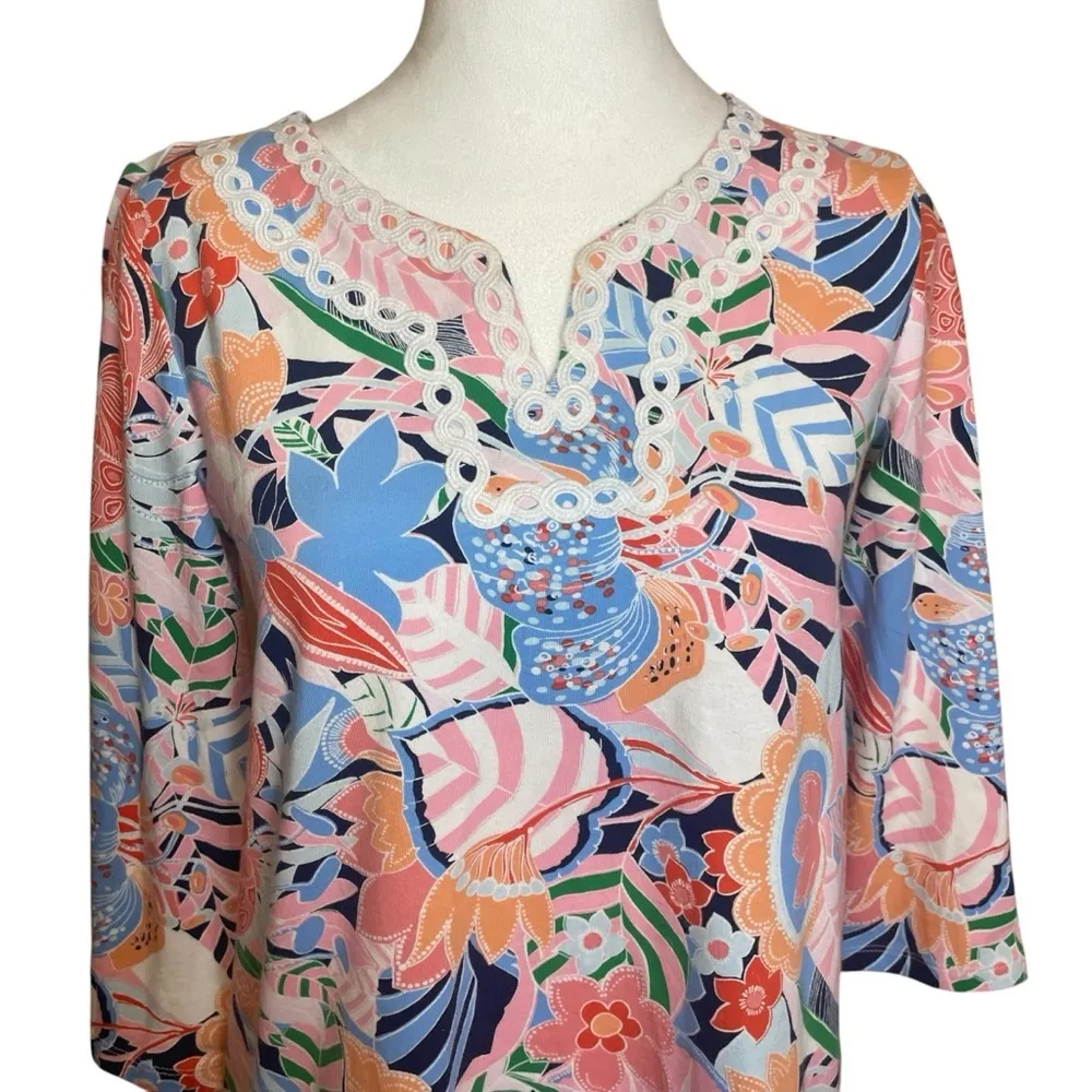 Talbots Petite Tropical 3/4 Sleeve V-Neck Top Small Vacation Cruise Costal Beach - Image 2