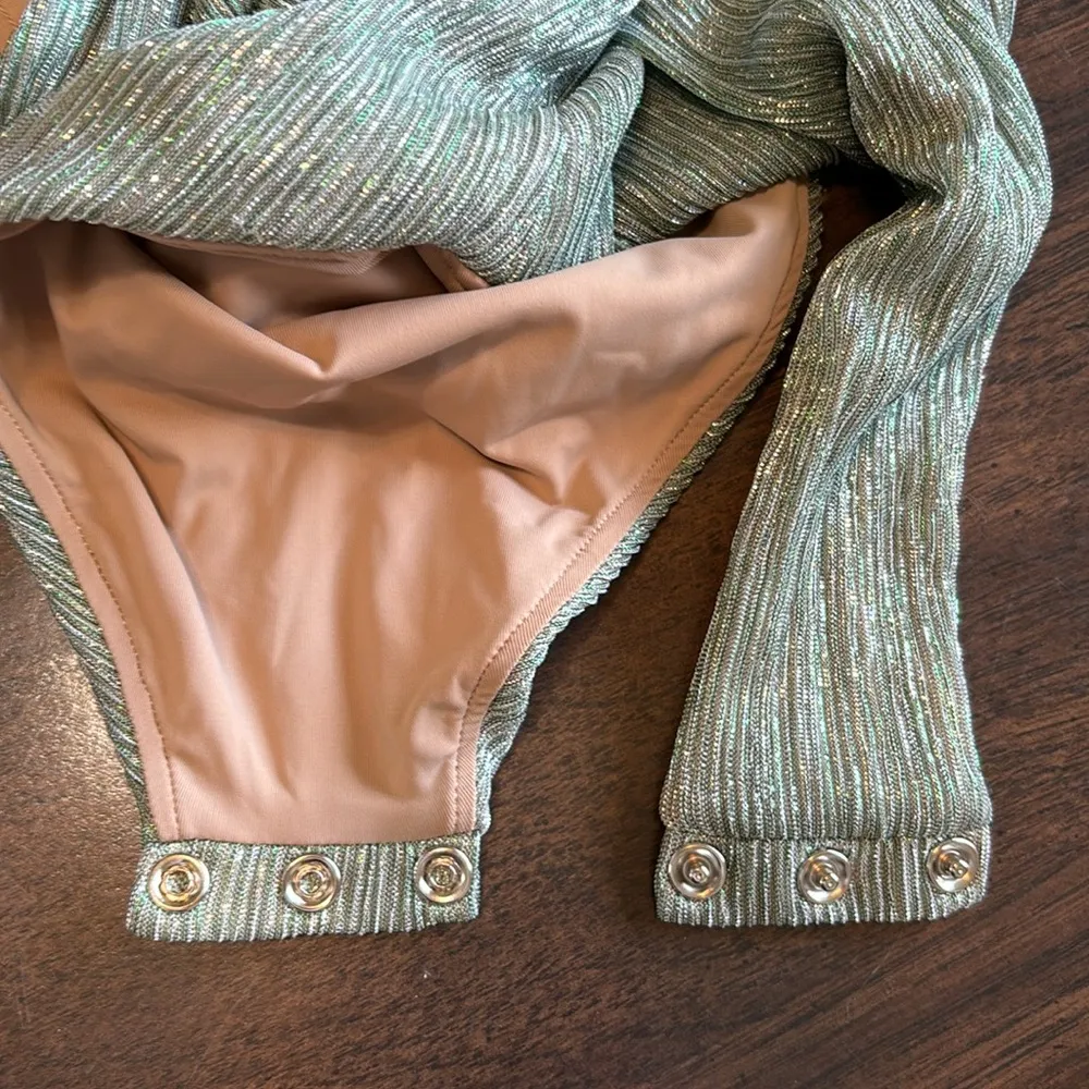 PATBO Halter Neck Bodysuit Sea Green Size Small Going Out Top Shimmer Metallic - Image 10