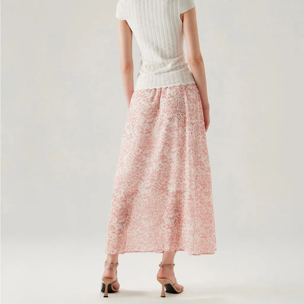 Rihoas Pink Floral Elastic Waist Flared Skirt - Image 3