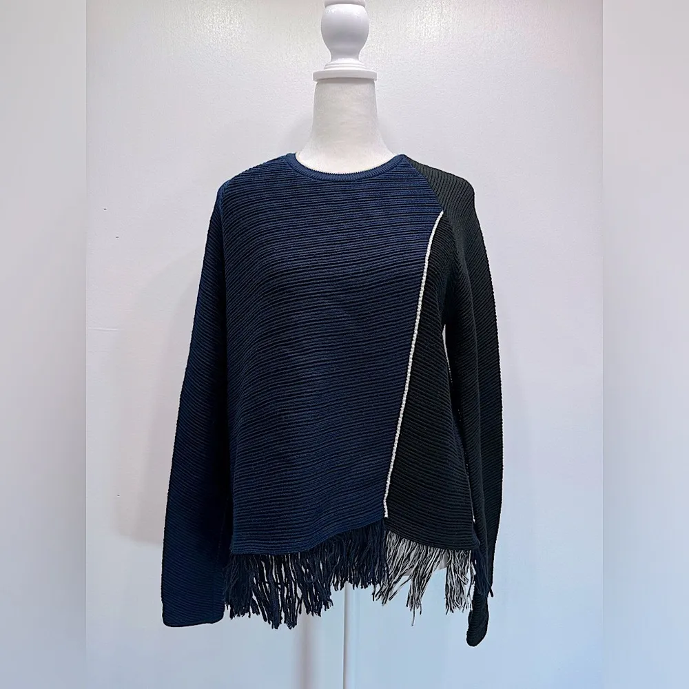 Jonathan Simkhai Blue & Black Colorblock 100% Wool Ribbed Fringed Sweater Luxury - Image 2