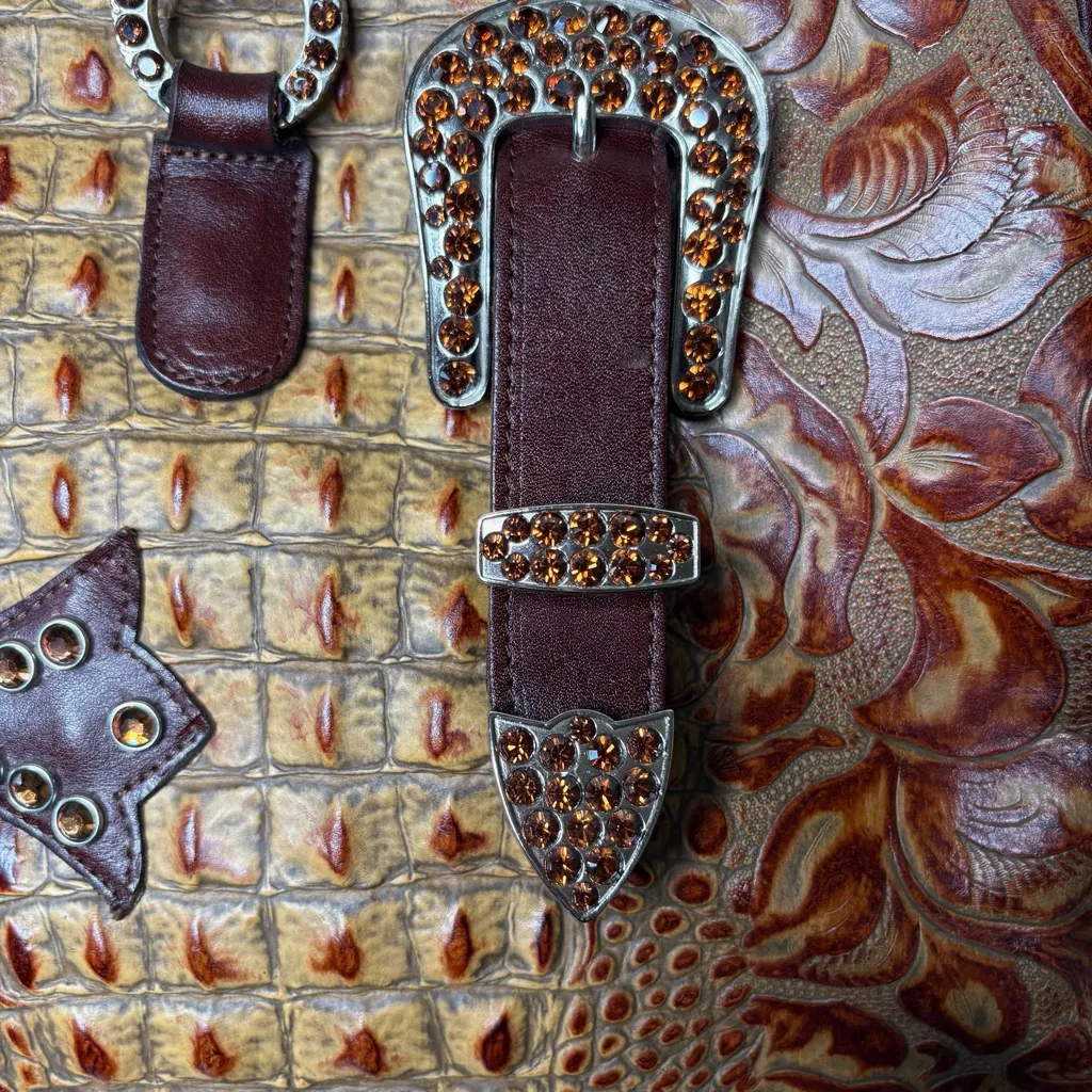 Raviani Overnight Duffle Crocodile Leather Crystal Cross Luggage Texas Mobwife Orange - Image 12