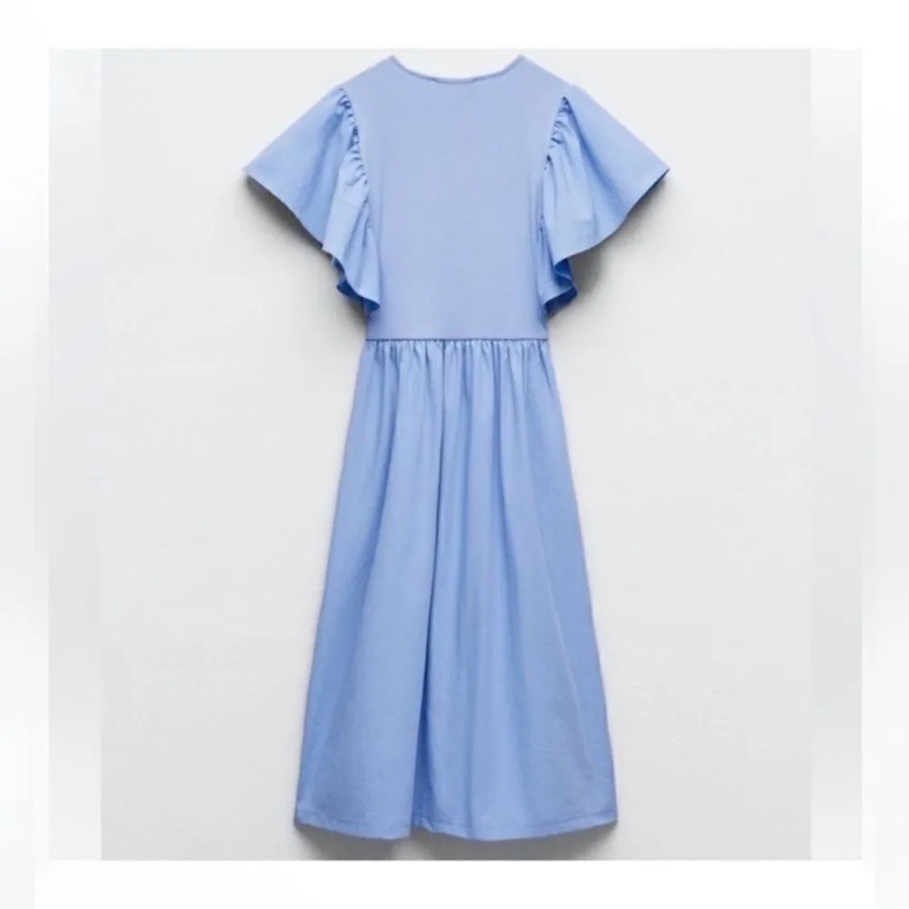 Zara Ruffle Sleeve Blue Midi Dress(Size Medium) - Image 4