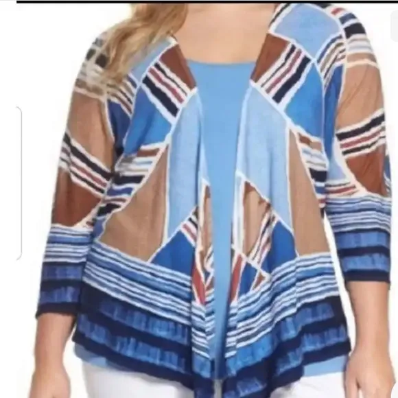 NIC + ZOE Seaglass abstract print linen blend open drapey cardigan size 1X - Image 2