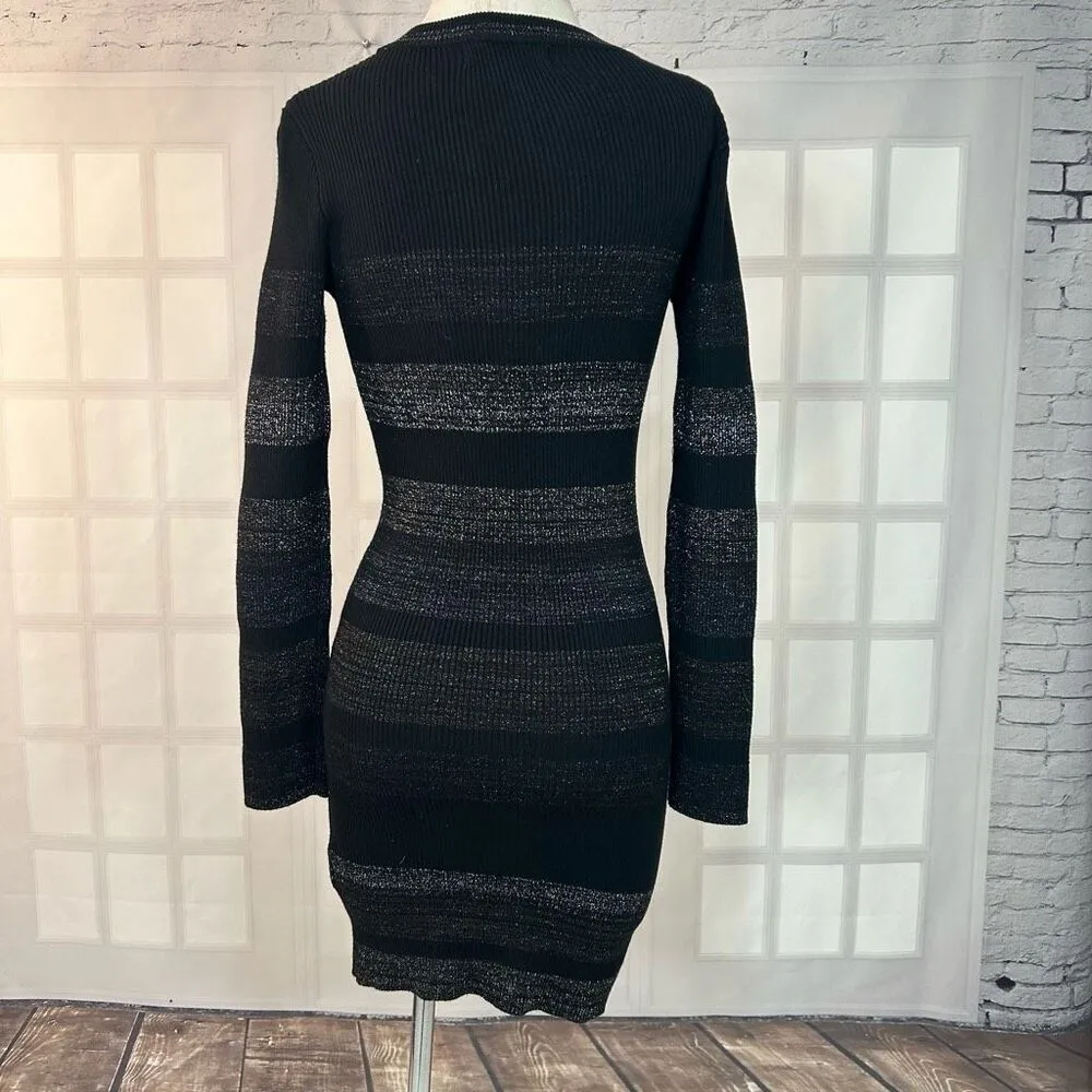 John + Jenn Black and Silver Grey Striped Ribbed Bodycon Long Sleeve Dress Size - Image 5