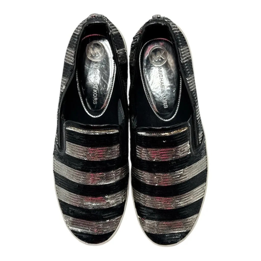 MICHAEL KORS Keaton Slip on Stripe Sequin Shoes Loafers Size 8M Black Silver - Image 8