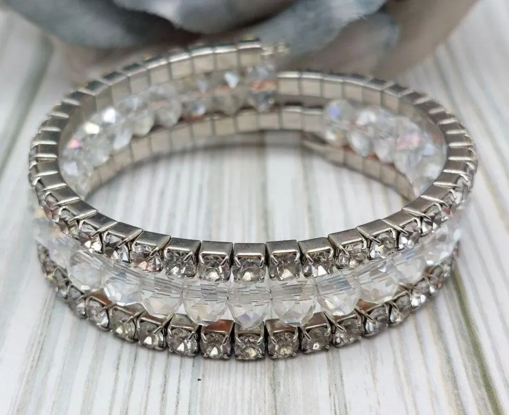 Cute Rhinestone Crystal Wire Wrap Bangle Bracelet Silver Tone Sparkly - Image 7