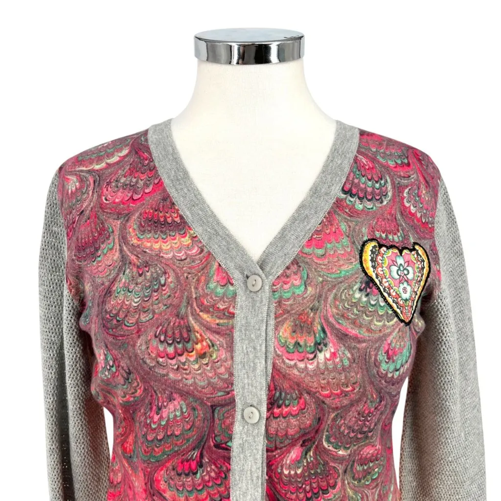 Desigual Printed Cardigan Heart Accent Sweater Sheer Back Size Medium - Image 2