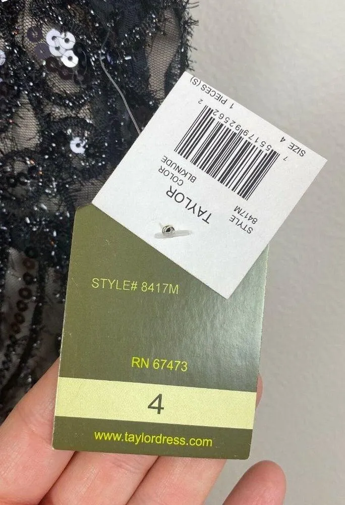 Taylor Dress 4 Black Floral Lace Mesh Illusion Sequin Texture Cocktail Party New - Image 6