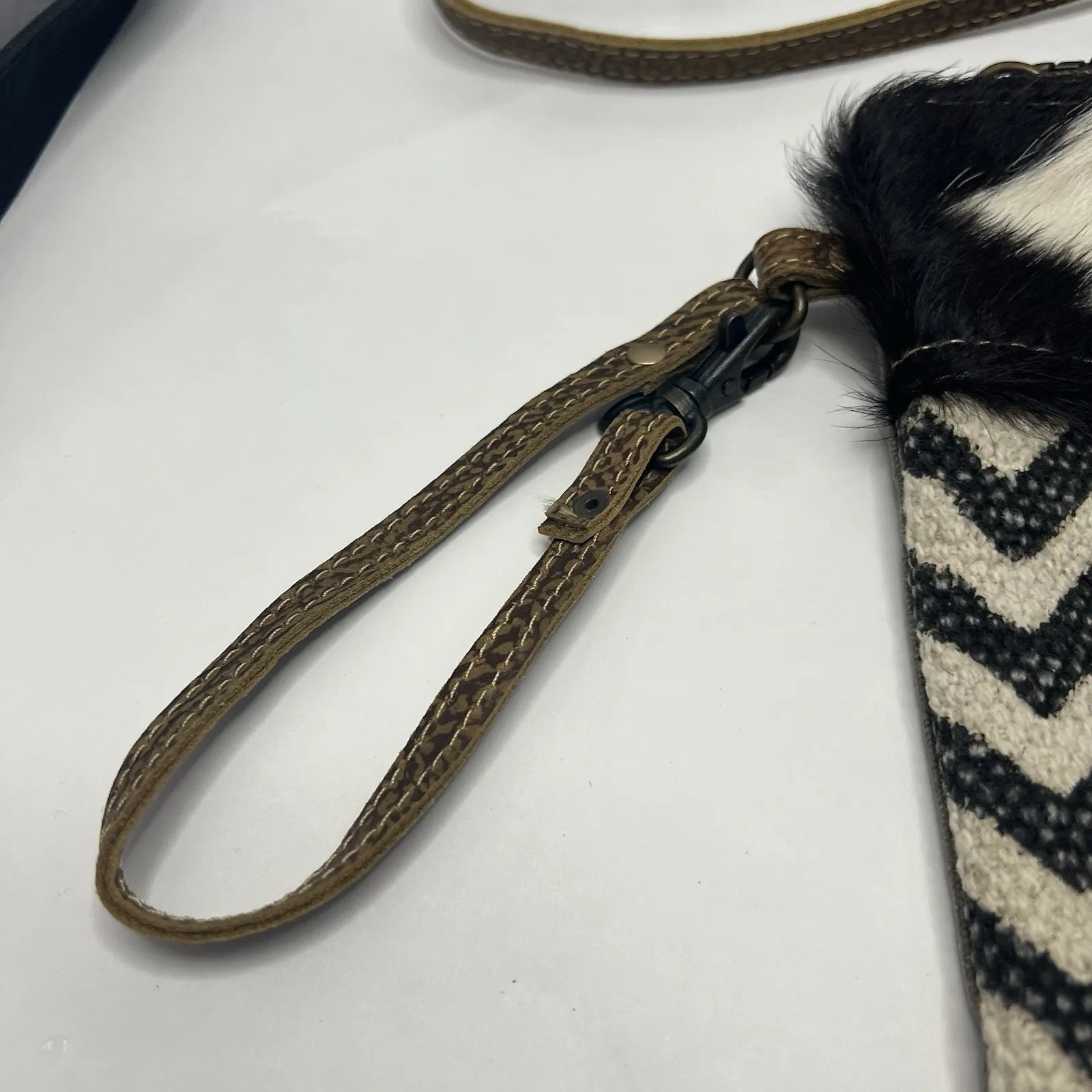 Myra Bag Southwestern Blanket Canvas Chevron Tooled Cow Hair Crossbody Purse - Image 4