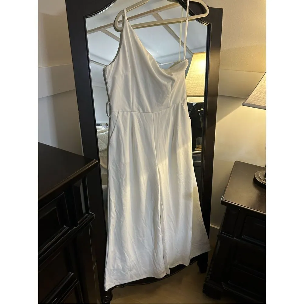 NEW Dressy 1 Shoulder Wide Leg Jumpsuit Romper Pockets L NO BELT White Size L - Image 4