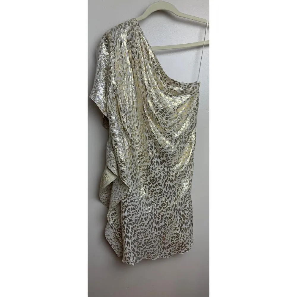MARK + James Badgley Mischka Gold Silk One Shoulder Brocade Caftan Dress Sz. S Gold - Image 4