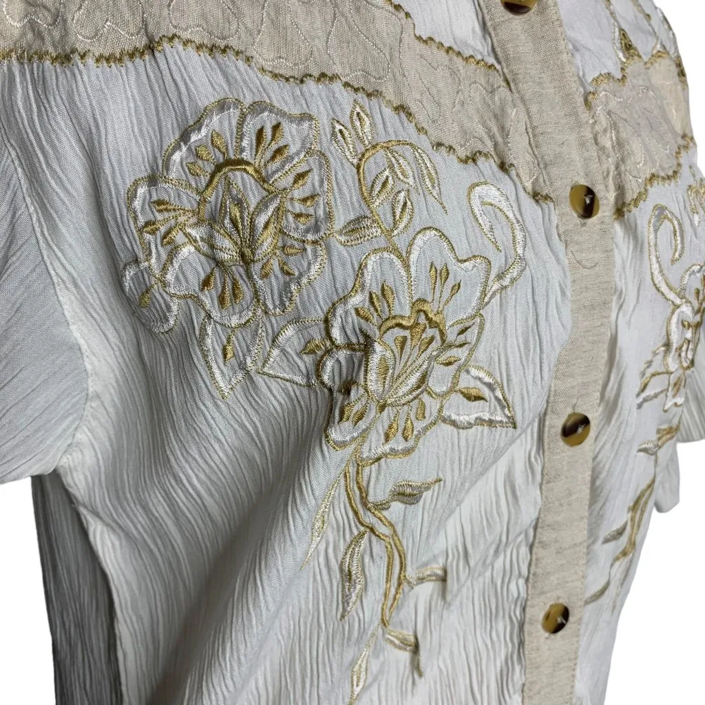 Vintage 90s Button Up Crinkle Blouse M White Short Sleeve Embroidered Cut Outs - Image 4