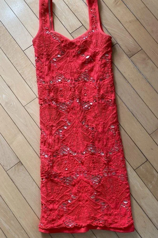 Intimately FREE PEOPLE Orange/Pink Stretch Lace Body Con Mini Dress - XS/S - Image 3