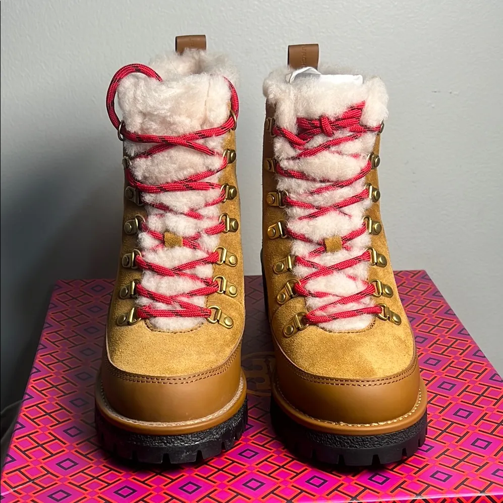 TORY BURCH thea shearling boots size6 color/rhum natural 202 rubberized leather - Image 4