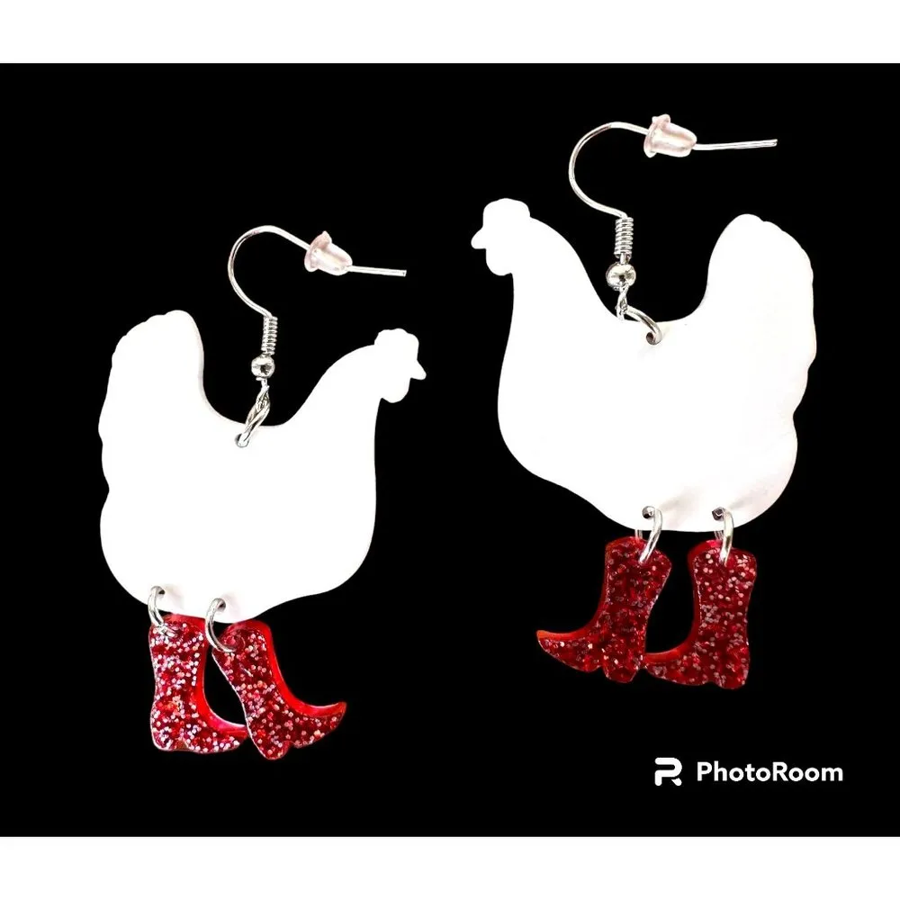 Christmas Chicken Earrings Glitter Red Boots Made for Walking Farm House… - Image 12