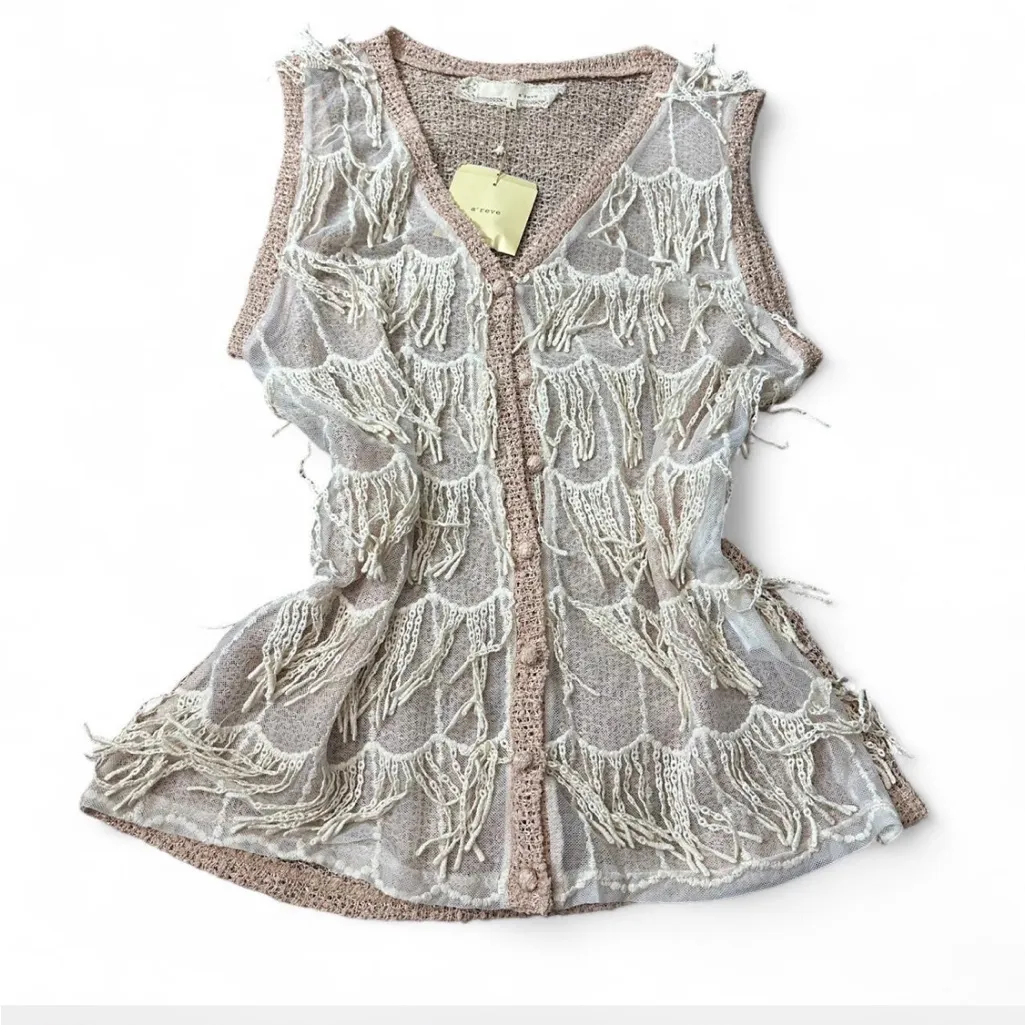 Handmade Crochet Fringe Sleeveless‎ Top White Size L - Image 5