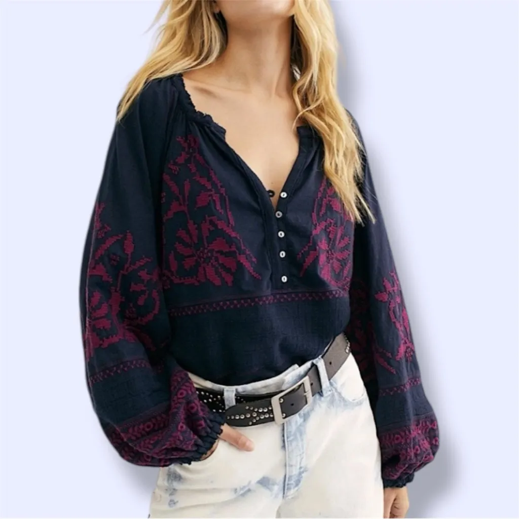 Free People Persuasion Top Embroidered Mesh Button Pullover oversized - Image 2