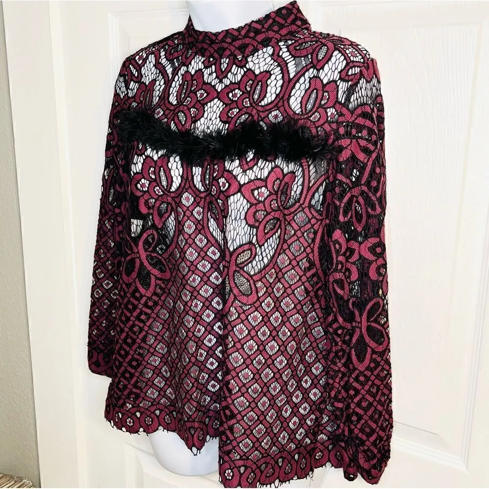 Dance & Marvel Lace Mockneck Open Back Feather Trim Blouse Maroon Black M - Image 6