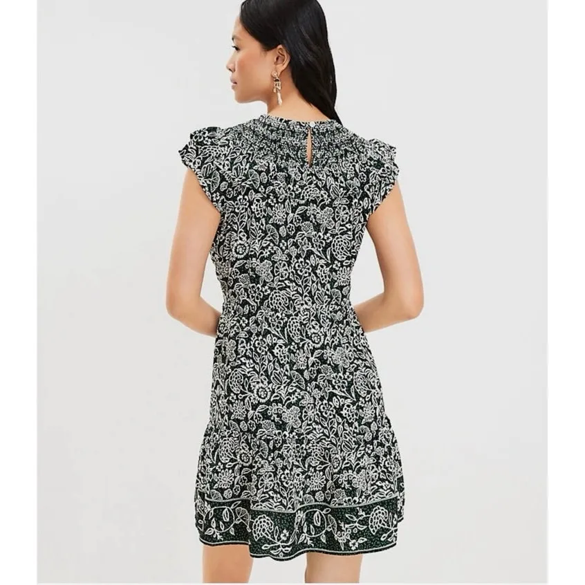 LOFT Floral Mini Dress Womens LP Green Ruffle Smocked Cottagecore Boho Prairie - Image 2