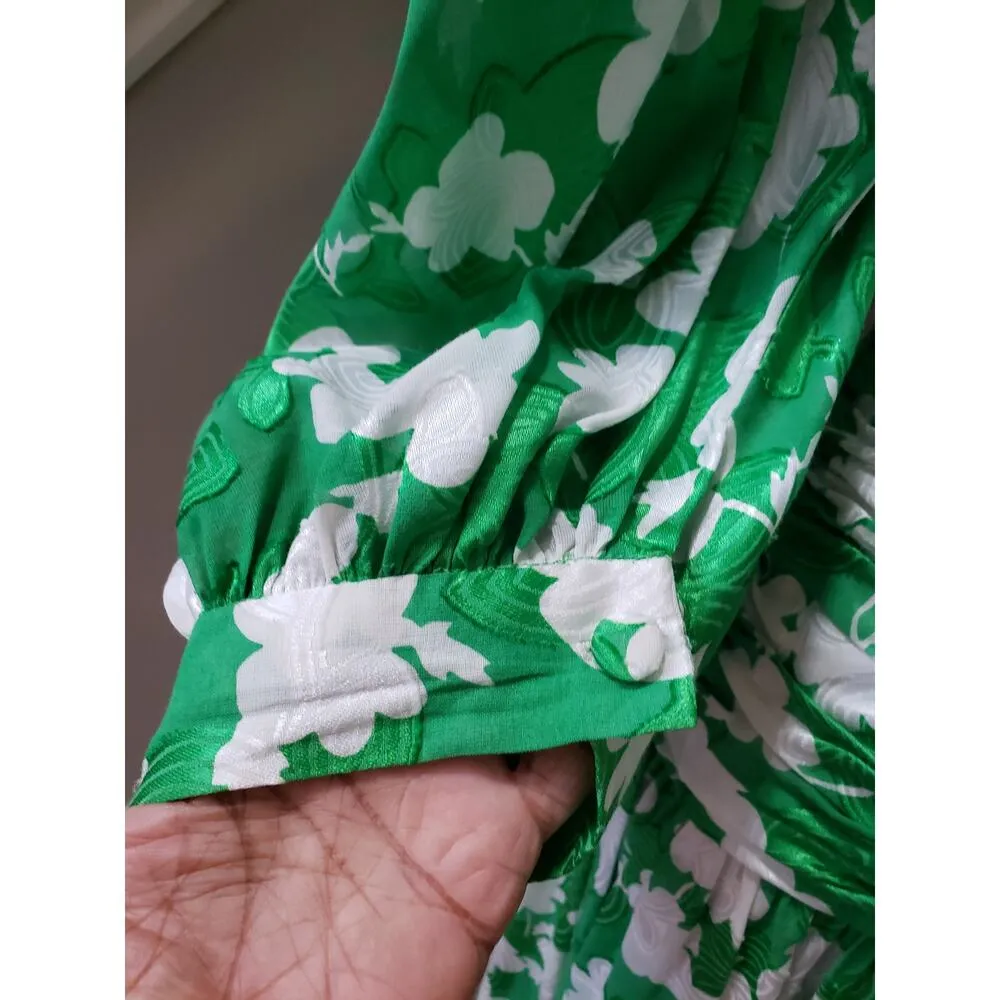 VTG Maxi Dress Women's Small Green Floral Lined Crew Neck Long Sleeve Back Zip - Image 12