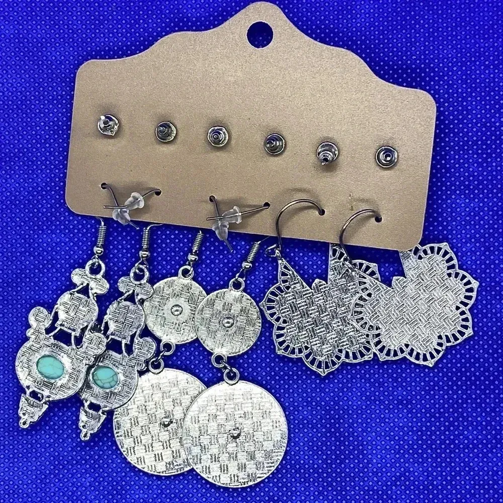 New boho earrings crescent moon starfish geometric 6 pair multipack Silver - Image 4