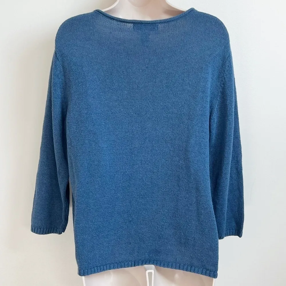 Evan Picone Linen Cotton Knit Scoop Neck 3/4 Sleeve Blue Sweater Medium Pullover - Image 2