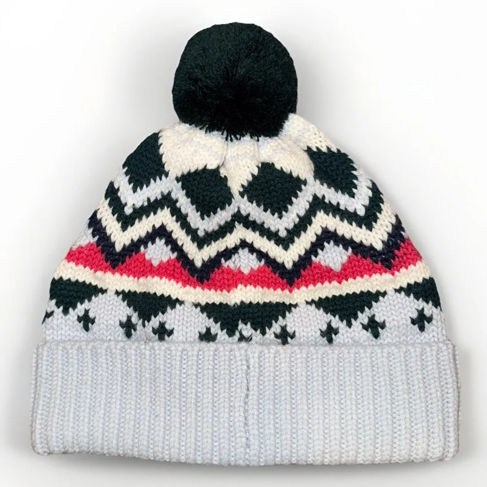 TORY BURCH Wintery Fair Isle Hat Merino Wool Pom Pom Beanie Blue Green Pink OS - Image 2