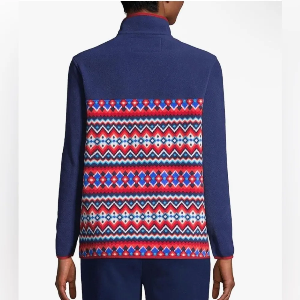 Lands' End New Womens Heritage Fleece Snap Red Navy Chevron Fairisle L 14/16 - Image 3