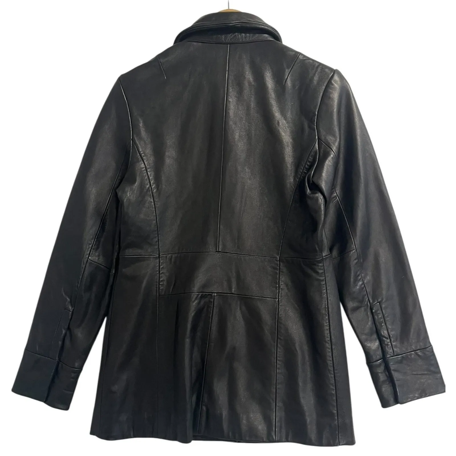 VTG Banana Republic Jacket Womens Medium Black Leather Butter Soft Moto Coat Y2K - Image 2