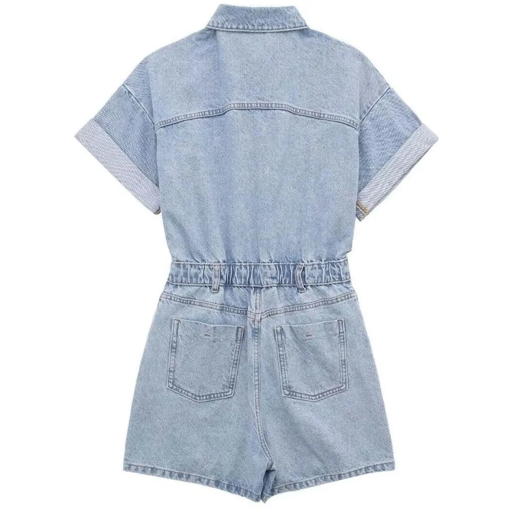Womens Short Sleeve Denim‎ Romper Stomper Shorts Button Up Jean Jumpsuits Outfit Blue Size M - Image 2