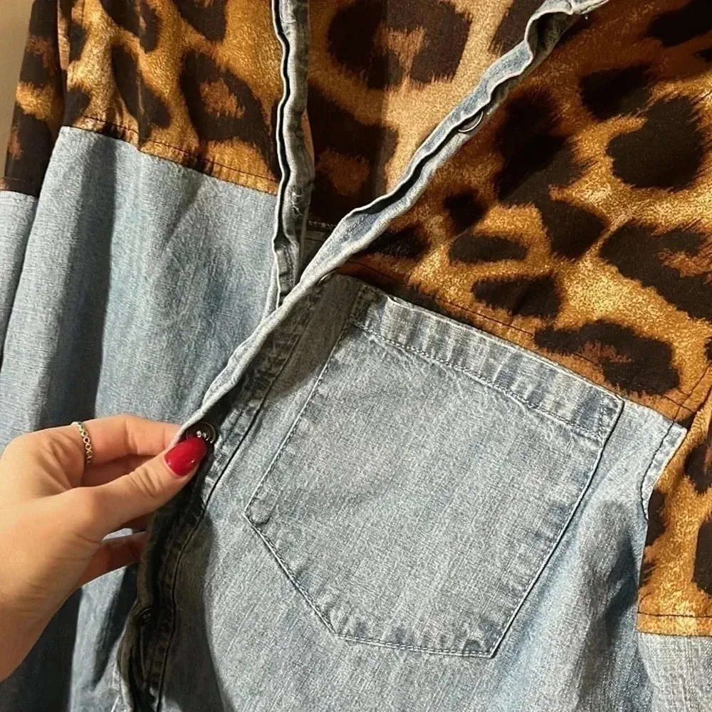 Washed Denim Button Down Shirt with Leopard Cheetah Contrast Blue - Image 9
