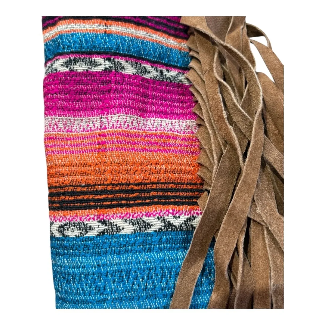 Boho Leather Serape Tote Bag‎ Cow Skull Embroidered Fringe Shoulder Bag Large Brown - Image 4