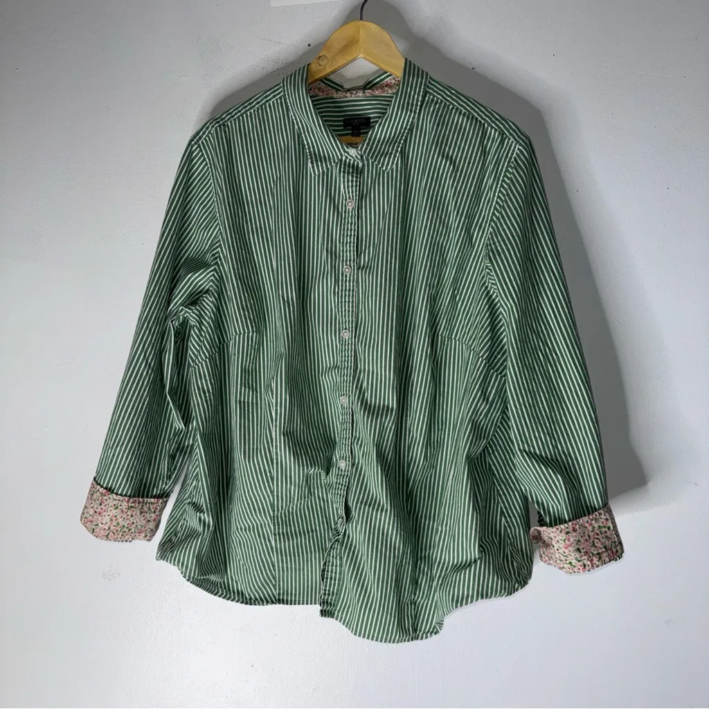 Talbots Green White Stripe Collar Button Down 24W - Image 4