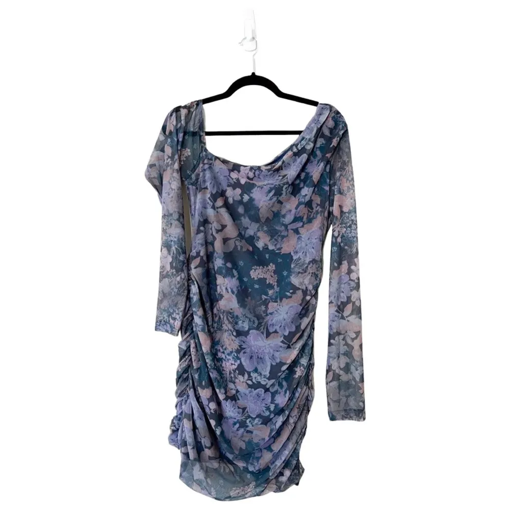 NWT FREE PEOPLE Chloe One-Shoulder Long Sleeve Bodycon Floral Mini Dress Blue L - Image 38