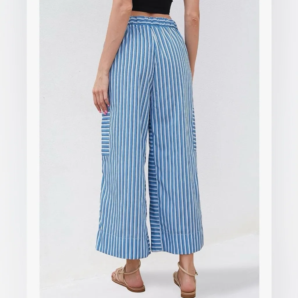 NEW Blue Striped Wide Leg Pants Loose Fit Palazzo Pants L Size L - Image 2