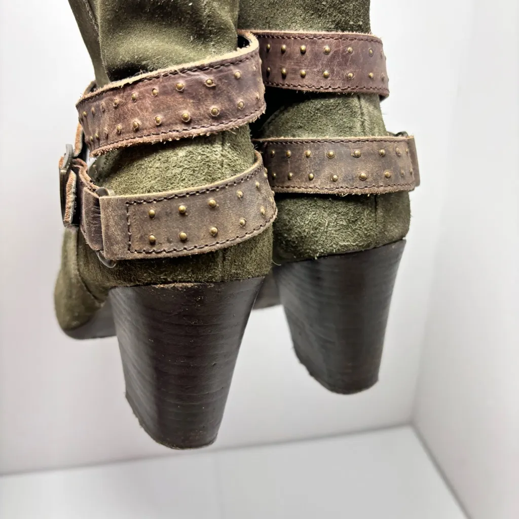 Diba Army Green Suede with Brown Leather Strap Booties‎ Size 8 - Image 4
