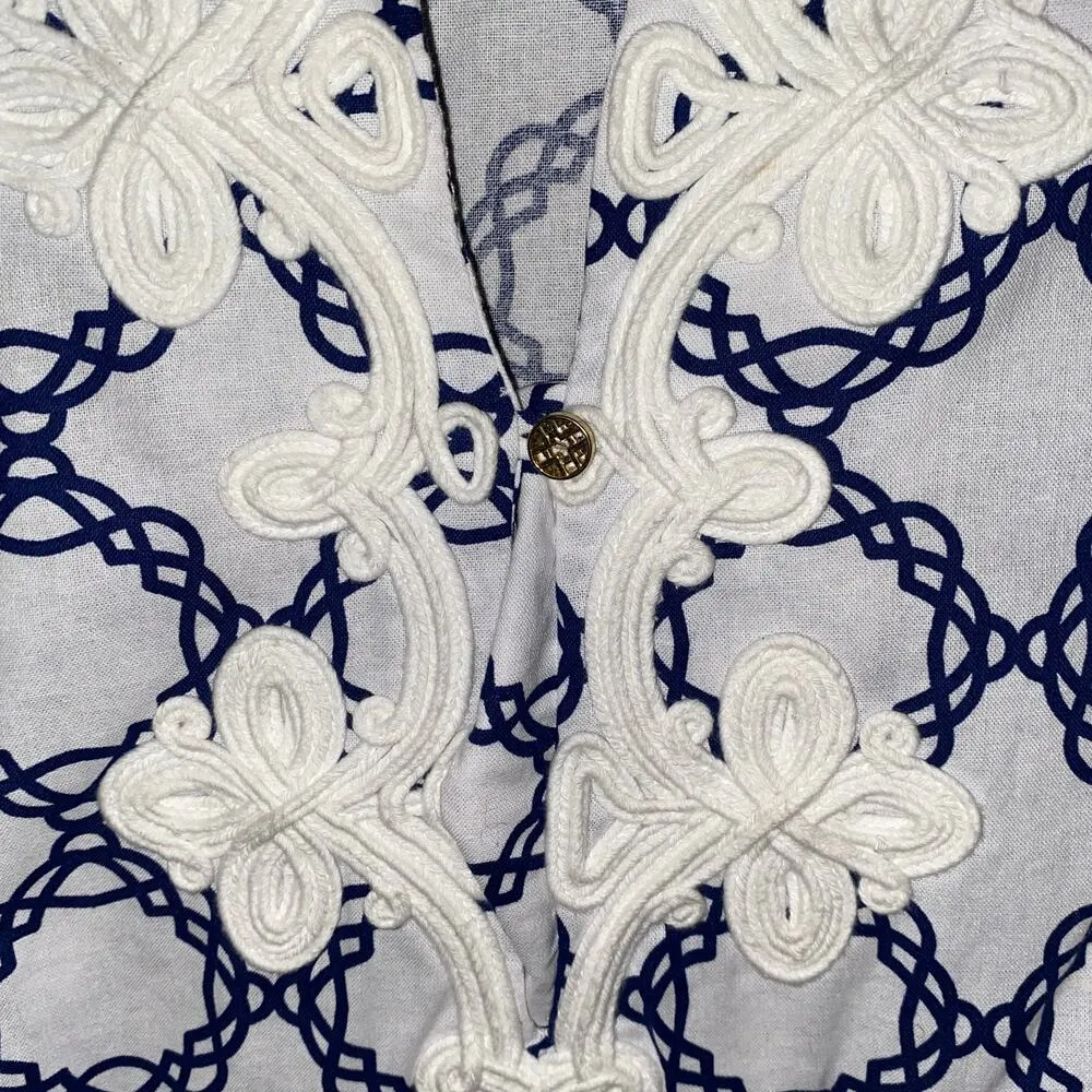 Basic Editions White Blue Embroidered Printed 3/4 Sleeve Tunic Top Women's Small - Image 5