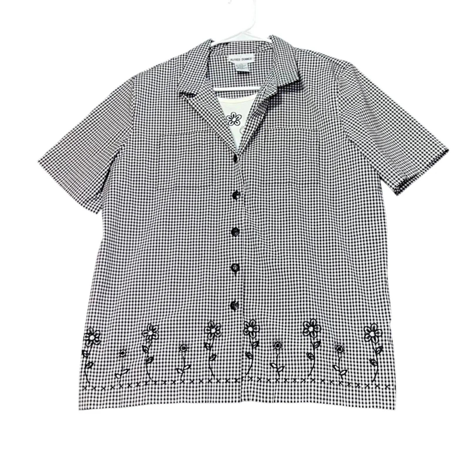 Alfred Dunner Floral Embroidered Button Up Shirt Under Shirt Womens 12 Gingham - Image 2
