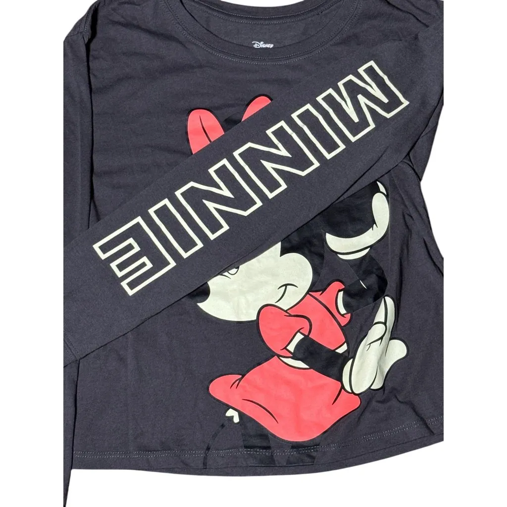 NEW Disney Minnie Mouse Graphic Tee Womens M Grey Asphalt Sleeve Spellout Shirt - Image 3