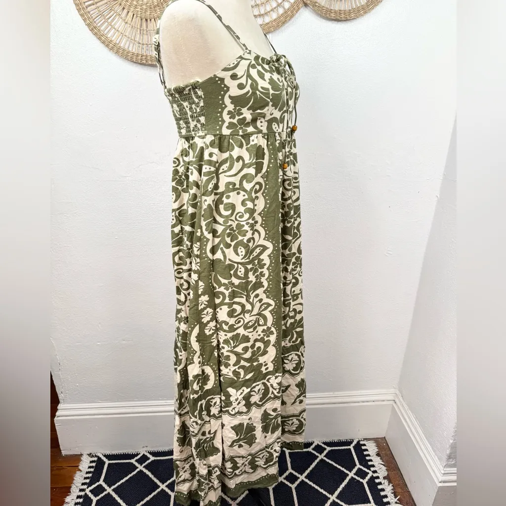 Japna Maxi Dress Womens Size M Green & Cream Floral Scroll Lace-Up Boho - Image 6